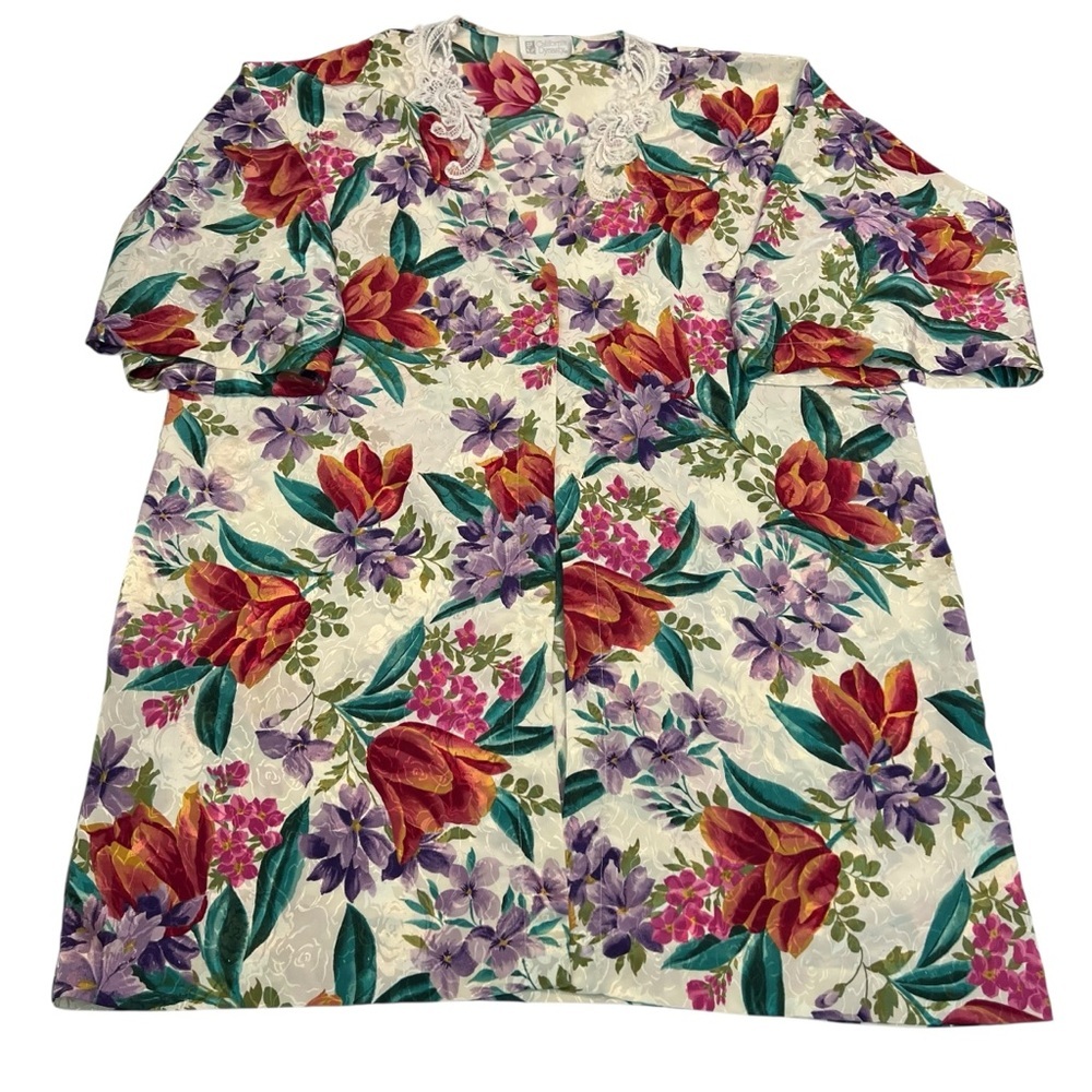 California Dynasty Floral Satin Robe Sz‎ L Lace Trim Pockets 90s Lounge